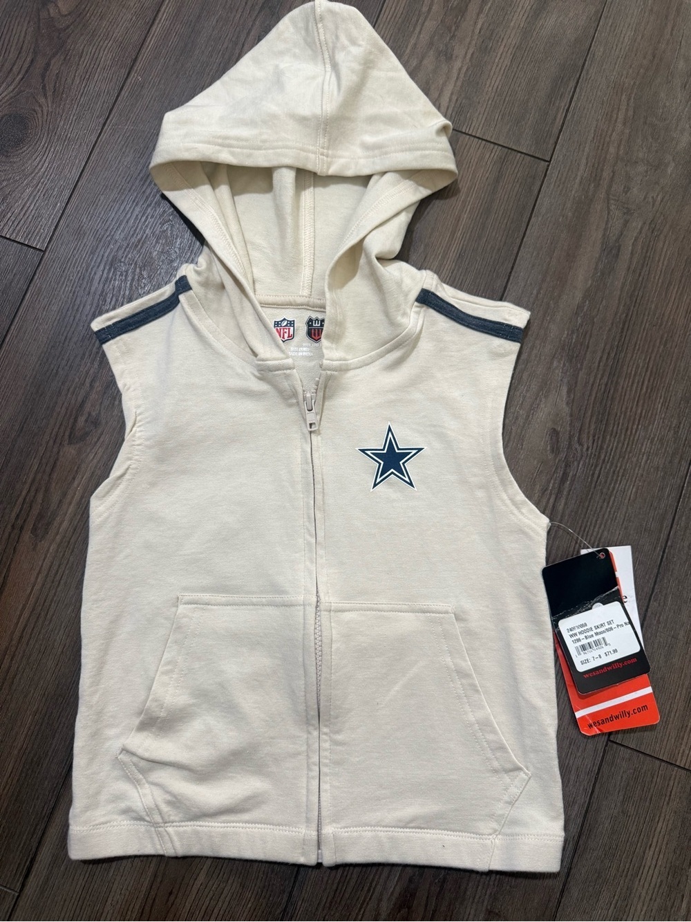 Dallas Cowboys NFL Wes and Willy Girls Sleeveless Hoodie Vest Cream 7/8 NWT